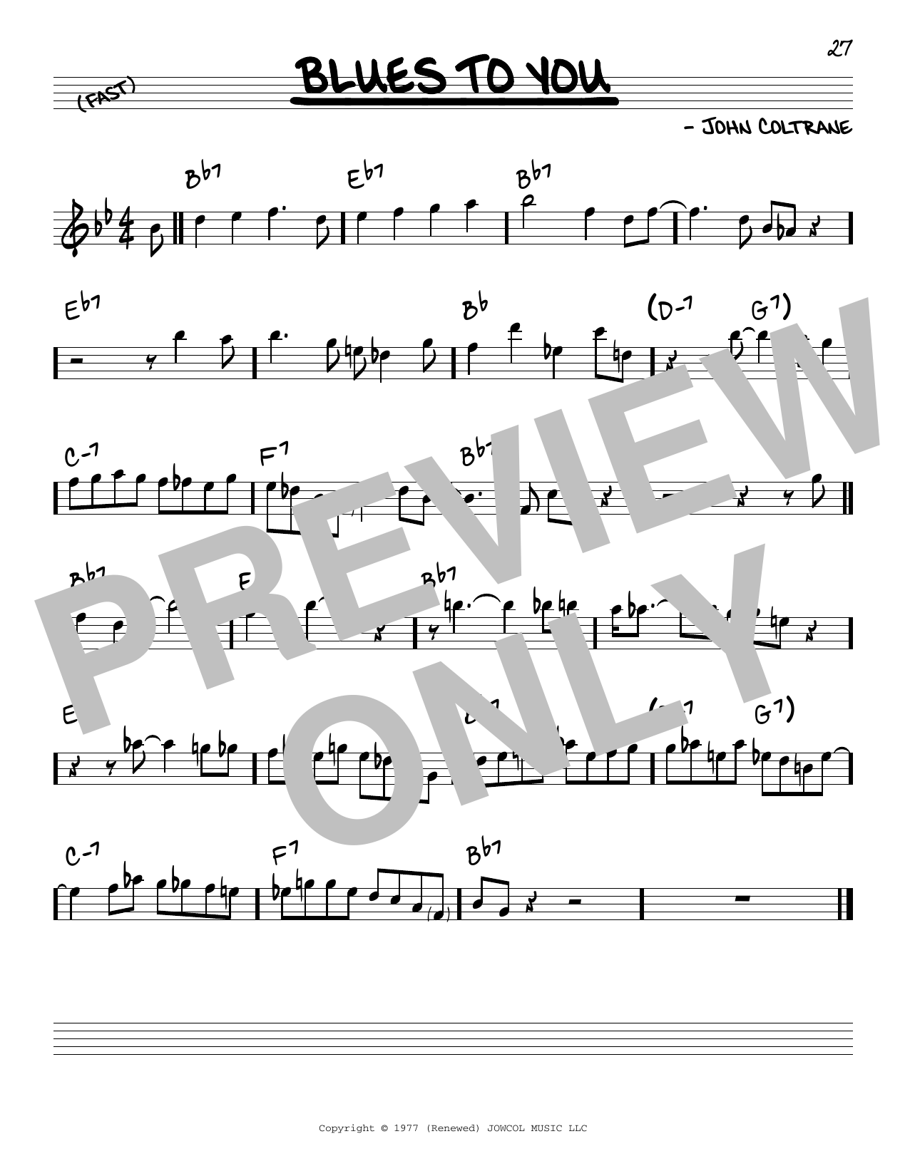 John Coltrane Blues To You Sheet Music