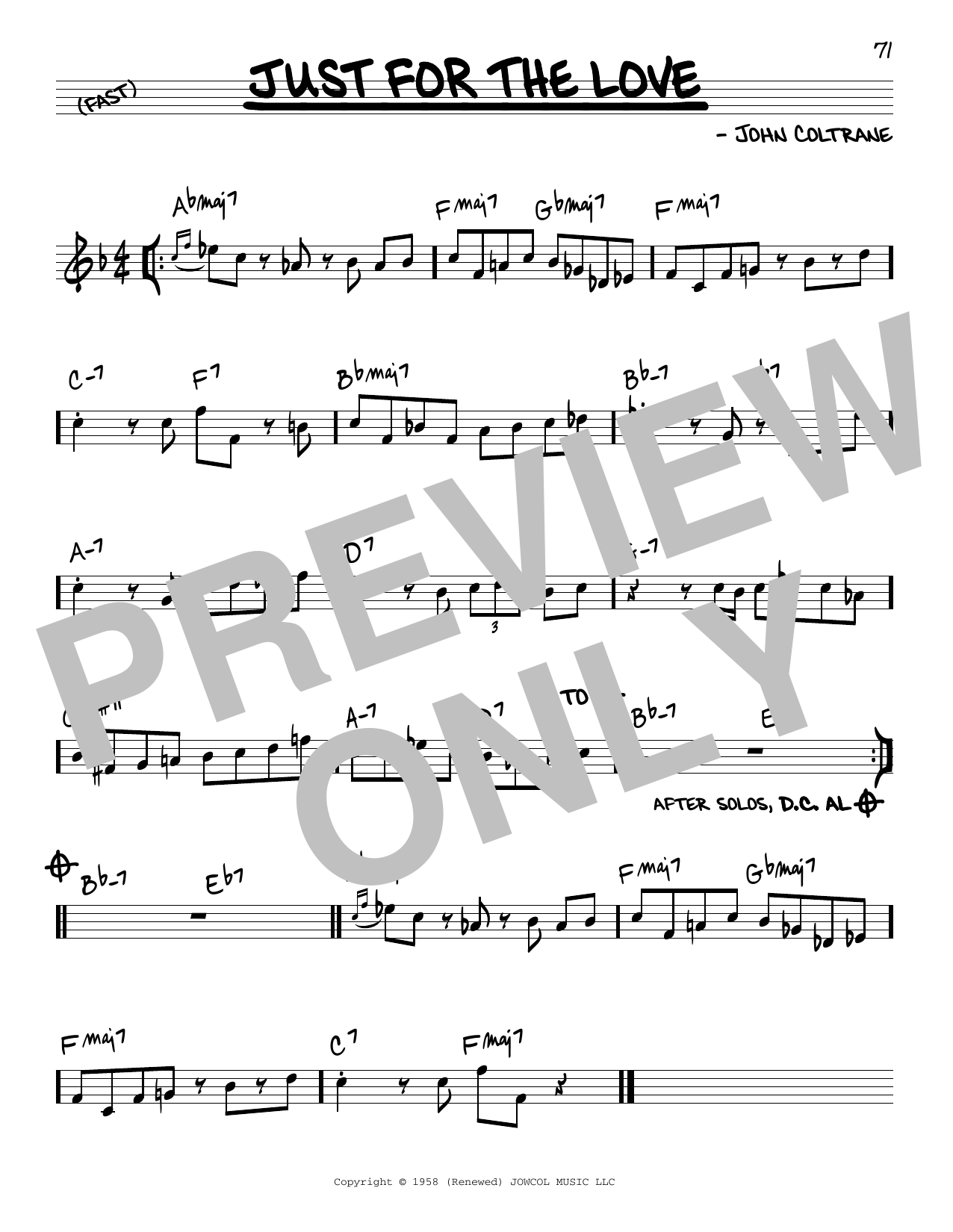 John Coltrane Just For The Love Sheet Music