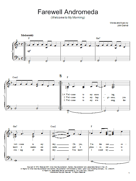 John Denver Farewell Andromeda (Welcome To My Morning) Sheet Music
