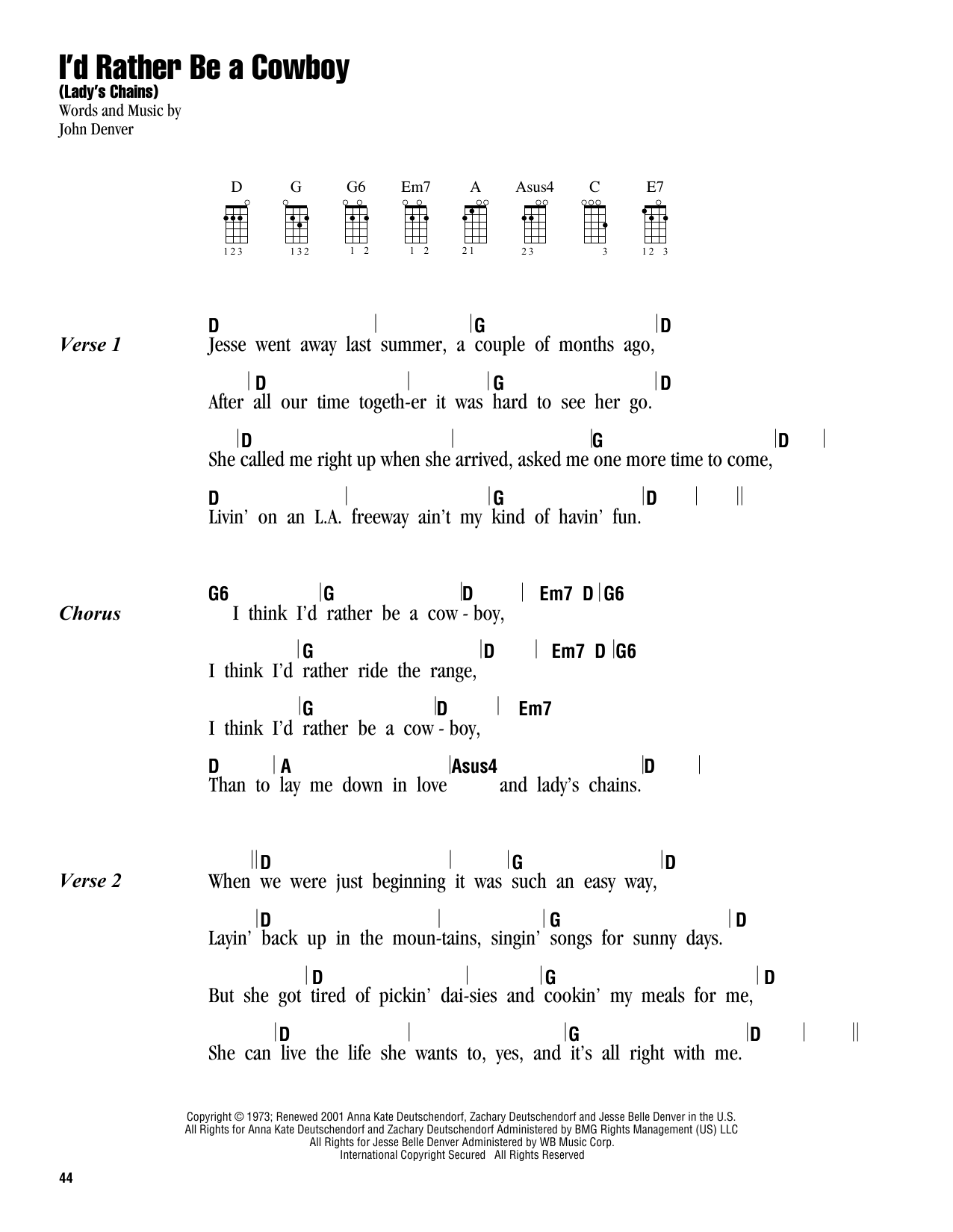 John Denver I'd Rather Be A Cowboy (Lady's Chains) Sheet Music