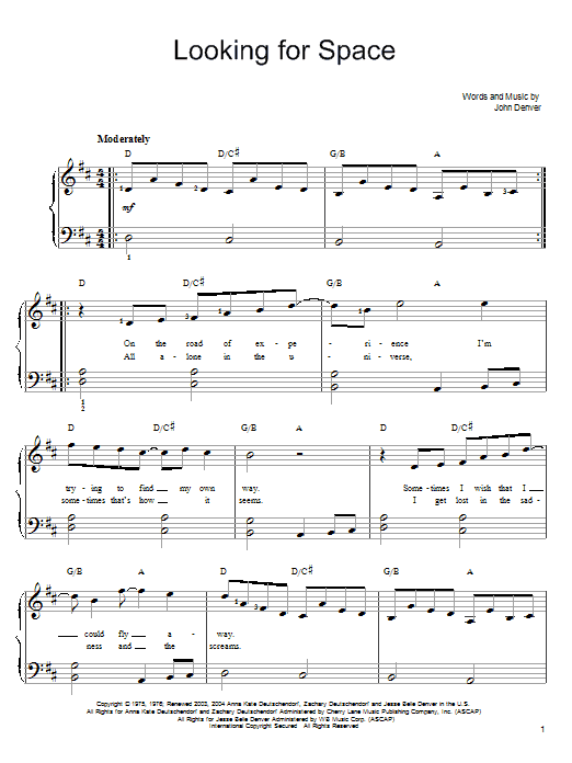 John Denver Looking For Space Sheet Music