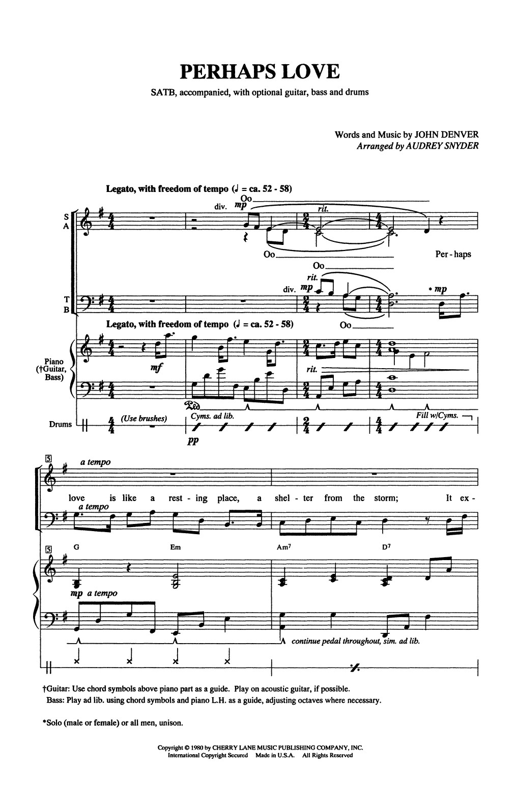 John Denver Perhaps Love (arr. Audrey Snyder) Sheet Music