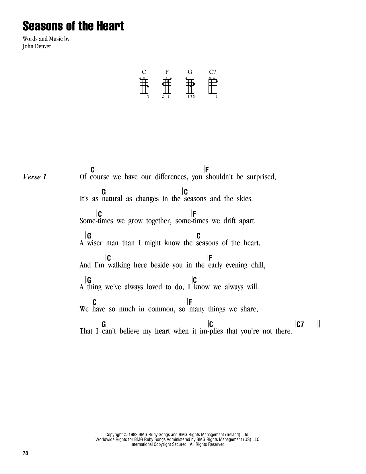 John Denver Seasons Of The Heart Sheet Music
