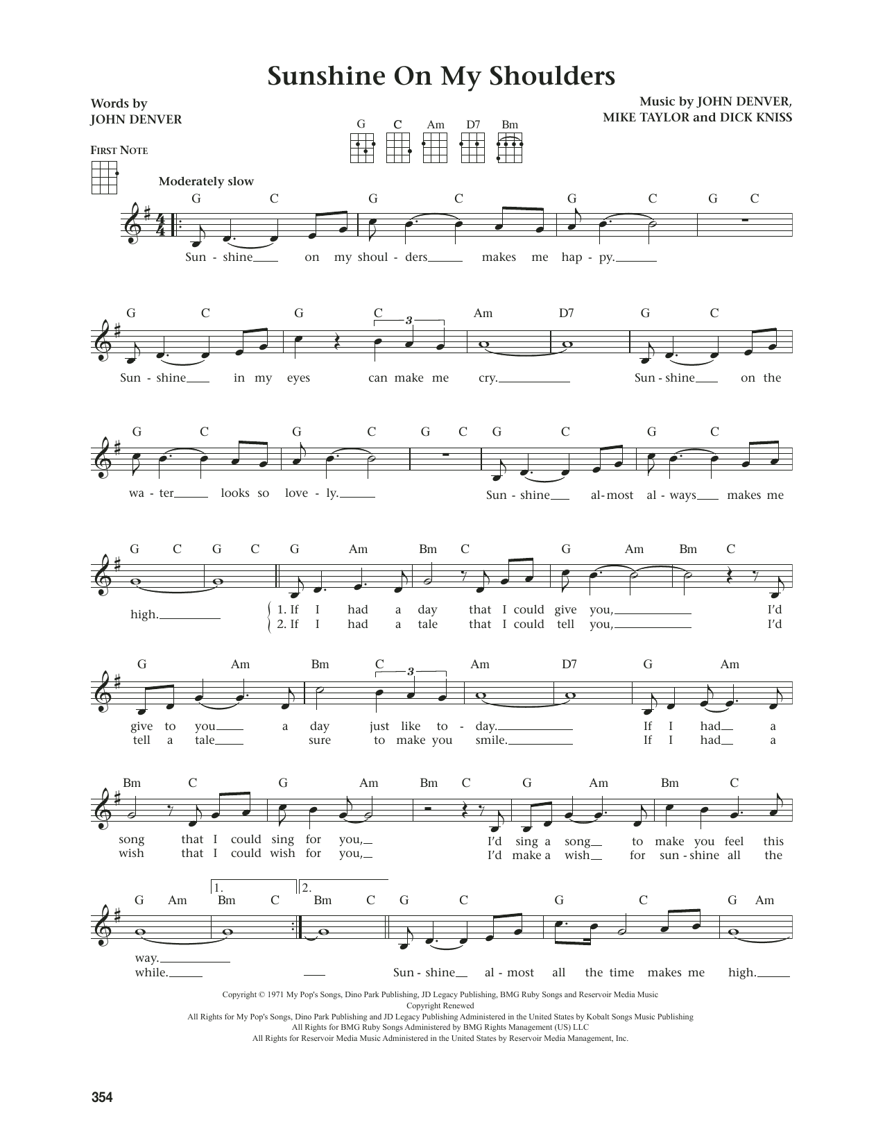 John Denver Sunshine On My Shoulders (from The Daily Ukulele) (arr. Jim Beloff) Sheet Music
