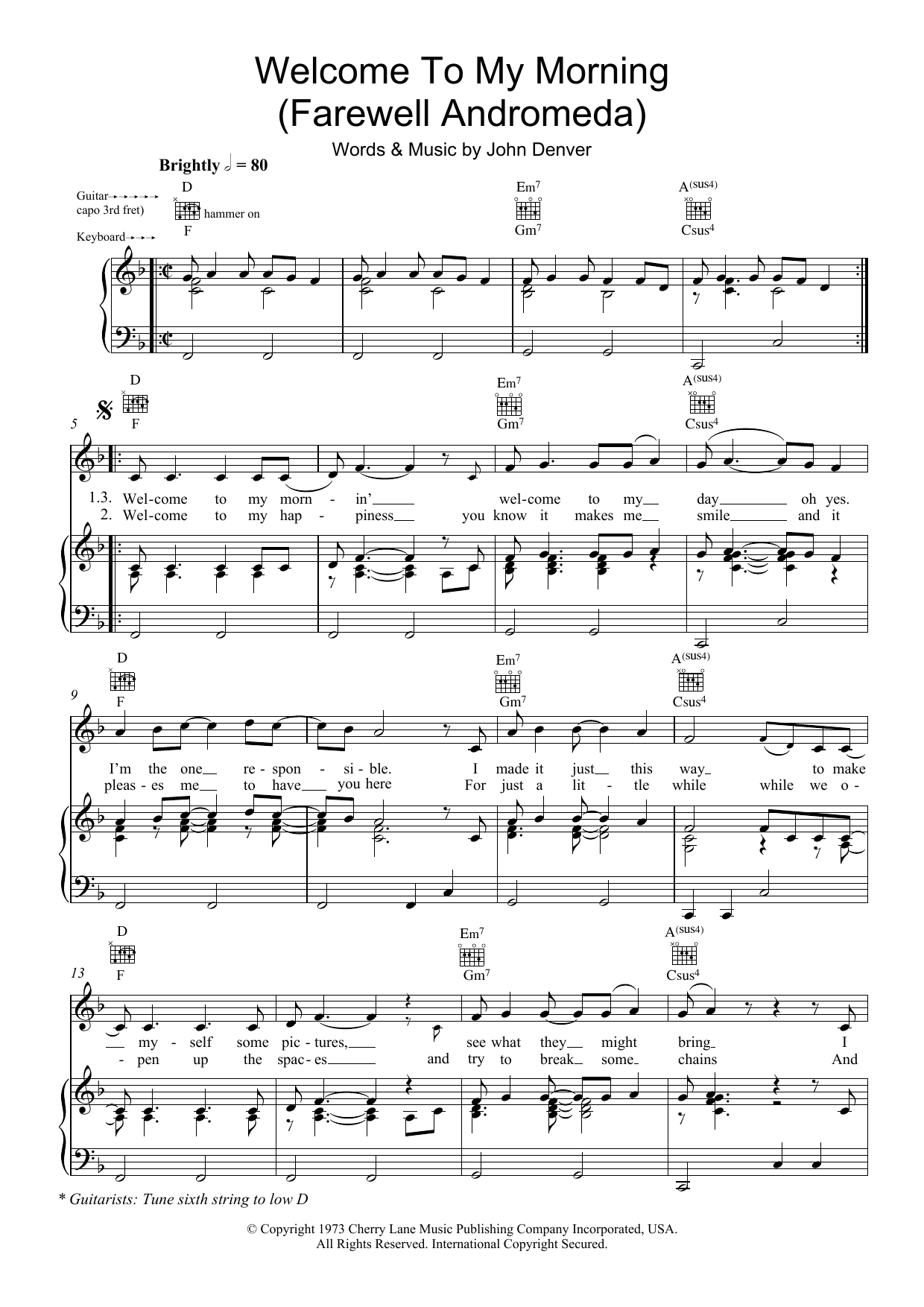 John Denver Welcome To My Morning (Farewell Andromeda) Sheet Music