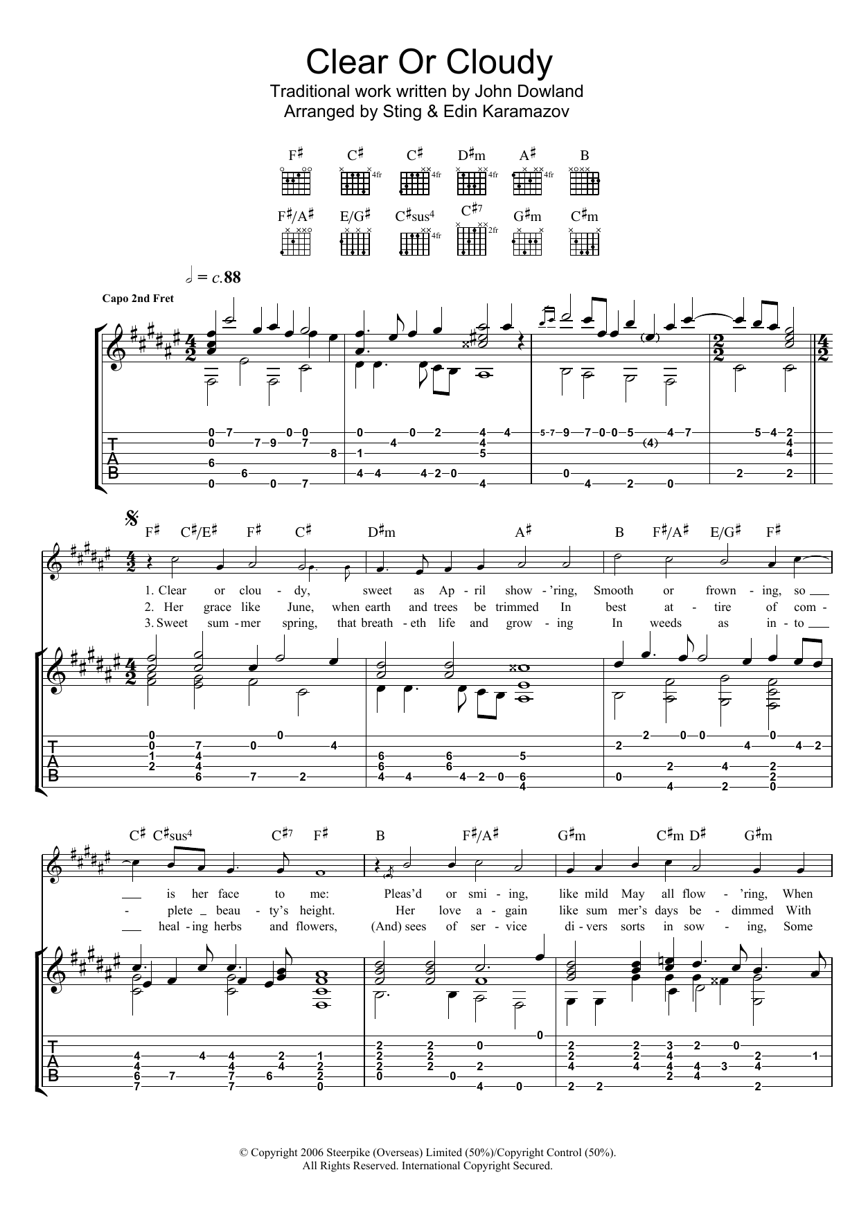 John Dowland Clear Or Cloudy (as performed by Sting and Edin Karamazov) Sheet Music