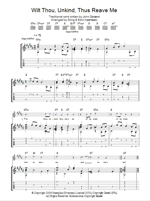 John Dowland Wilt Thou Unkind Thus Reave Me (as performed by Sting and Edin Karamazov) Sheet Music