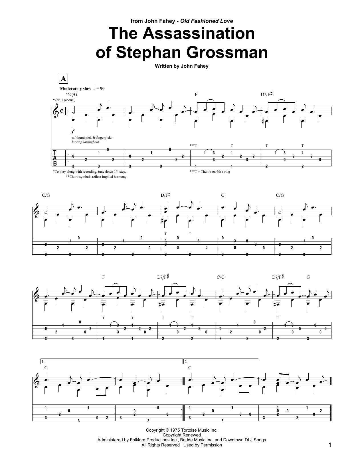 John Fahey Assassination Of Stephan Grossman Sheet Music