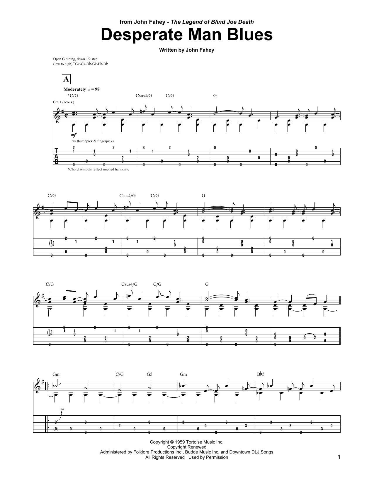 John Fahey Desperate Man Blues Sheet Music