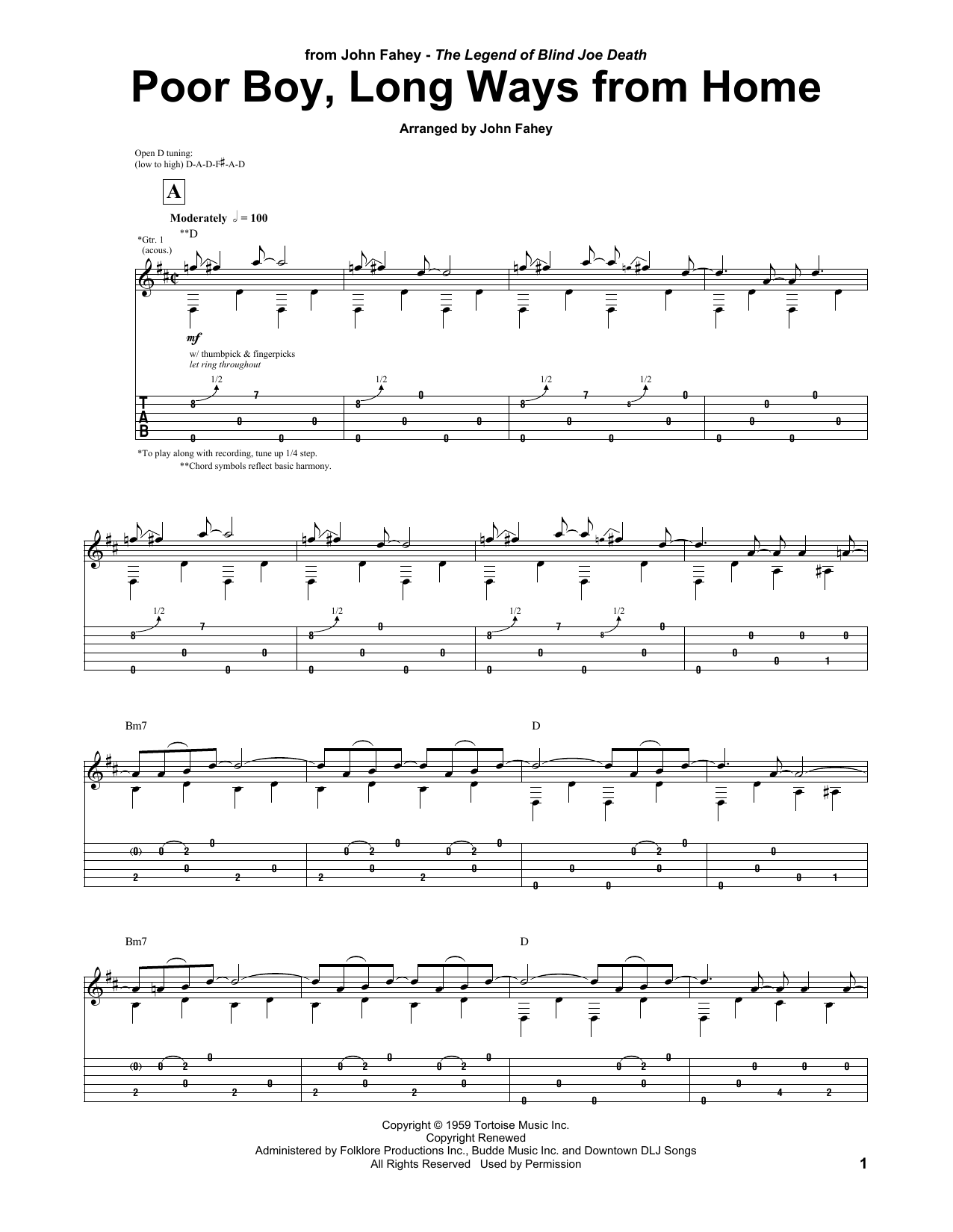 John Fahey Poor Boy, Long Ways From Home Sheet Music