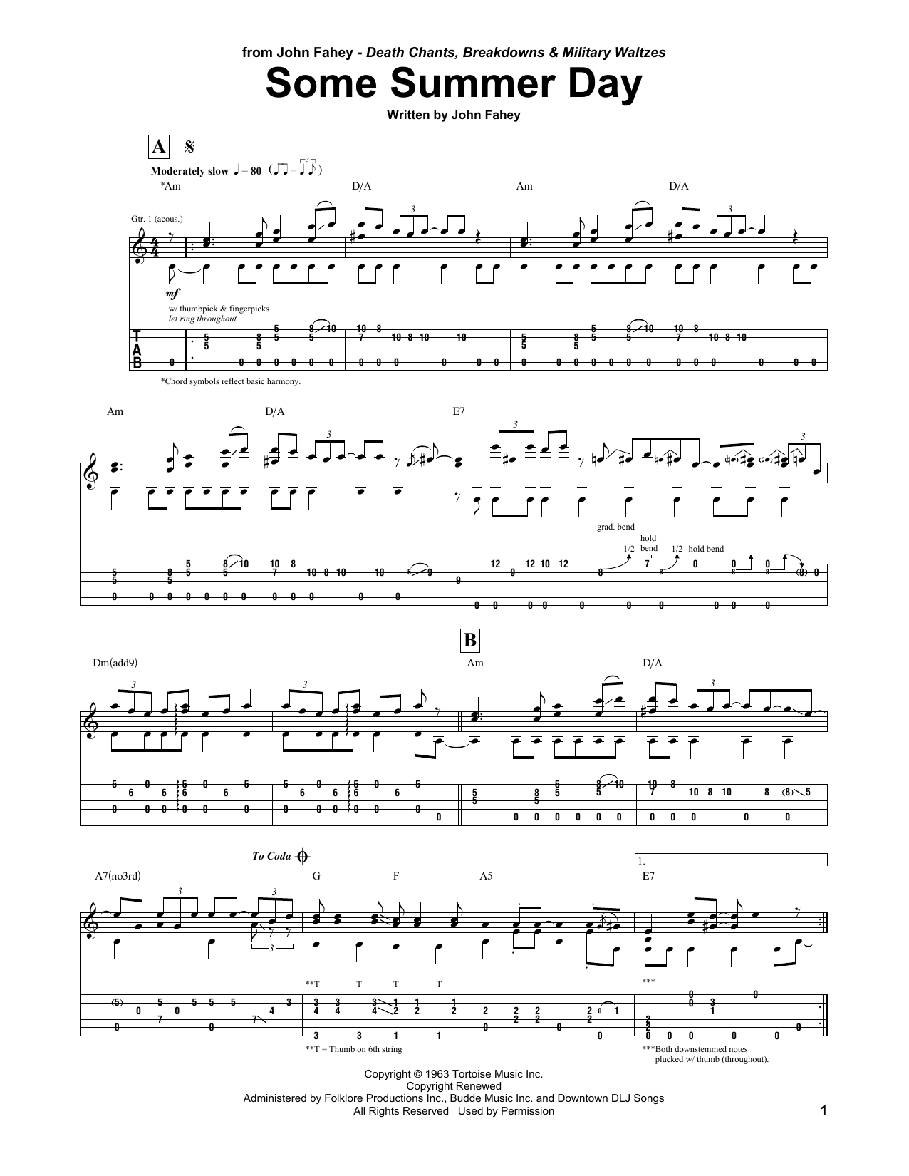John Fahey Some Summer Day Sheet Music