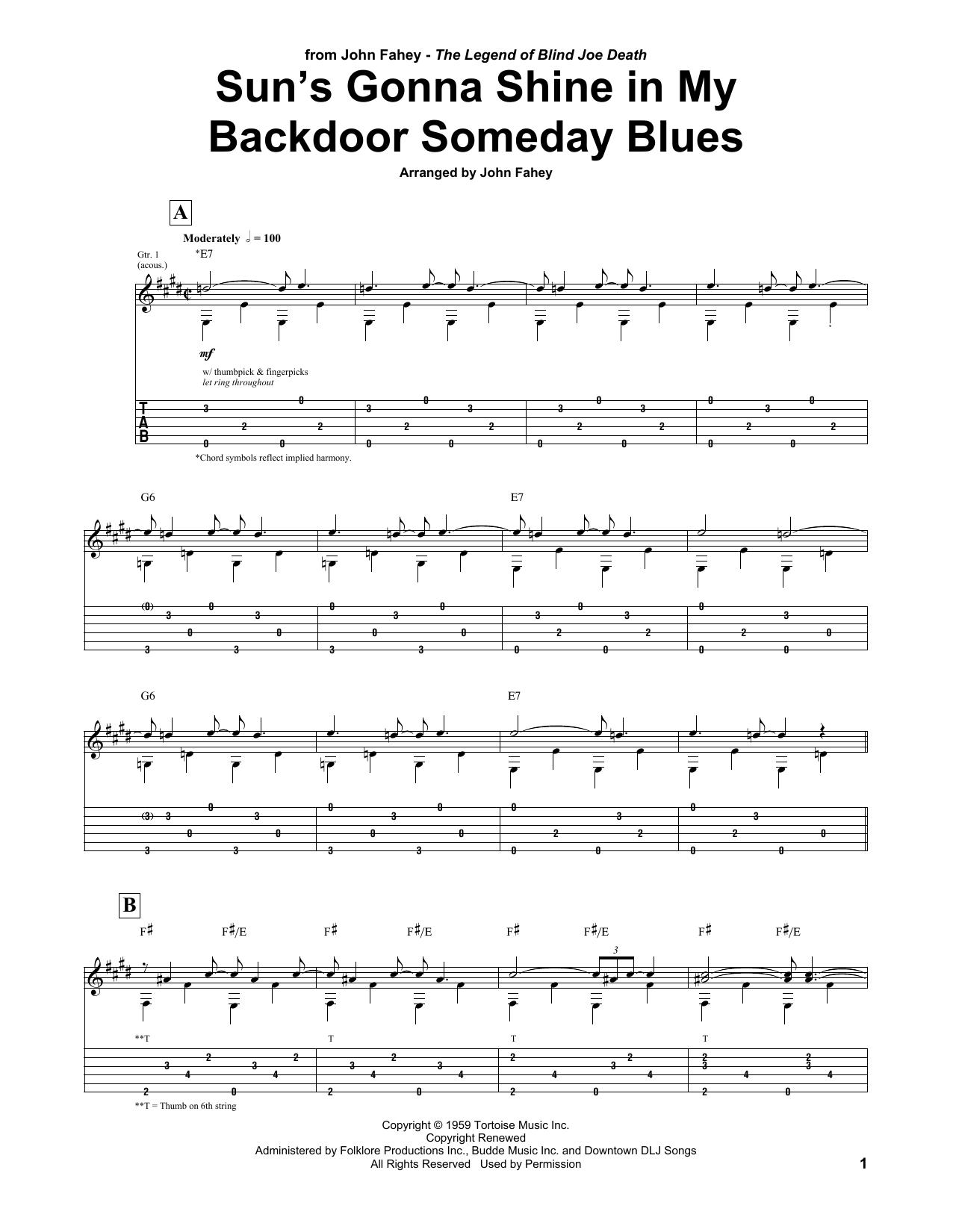 John Fahey Sun's Gonna Shine In My Backdoor Someday Blues Sheet Music