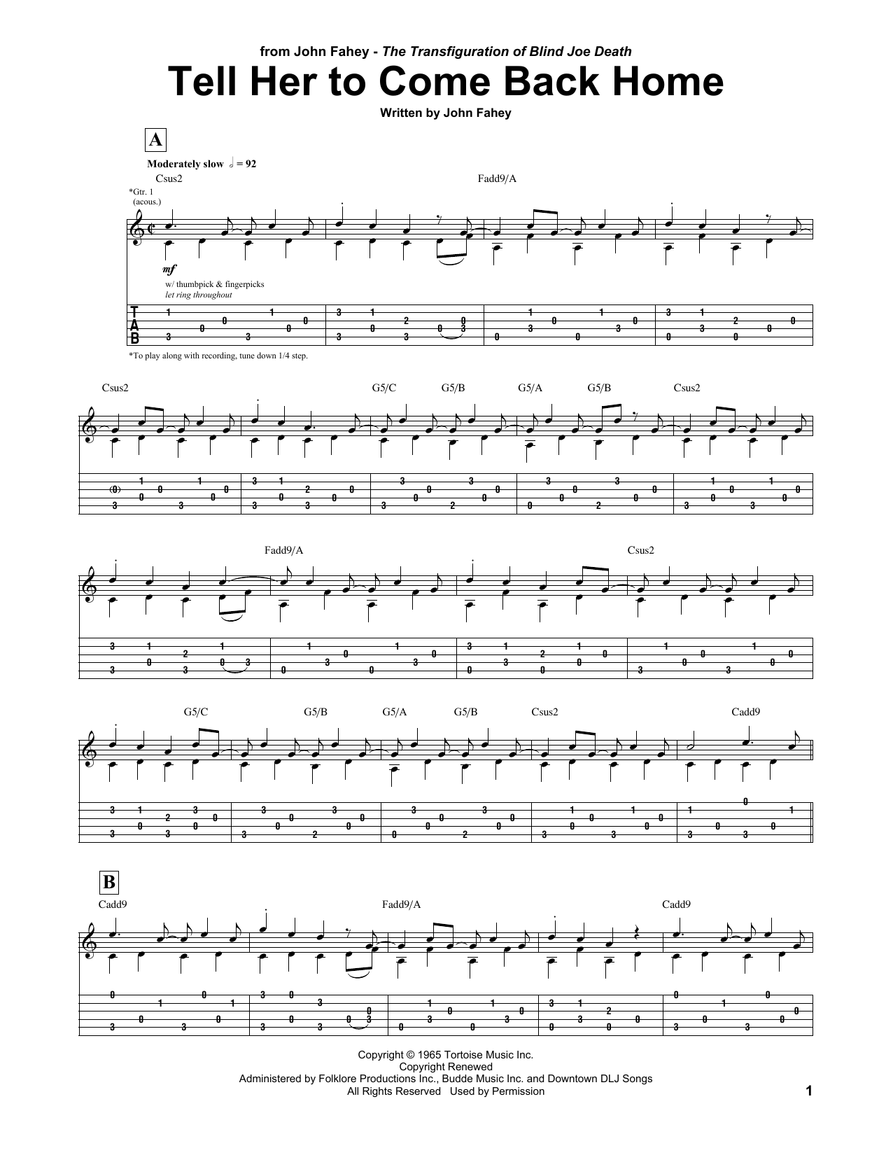 John Fahey Tell Her To Come Back Home Sheet Music