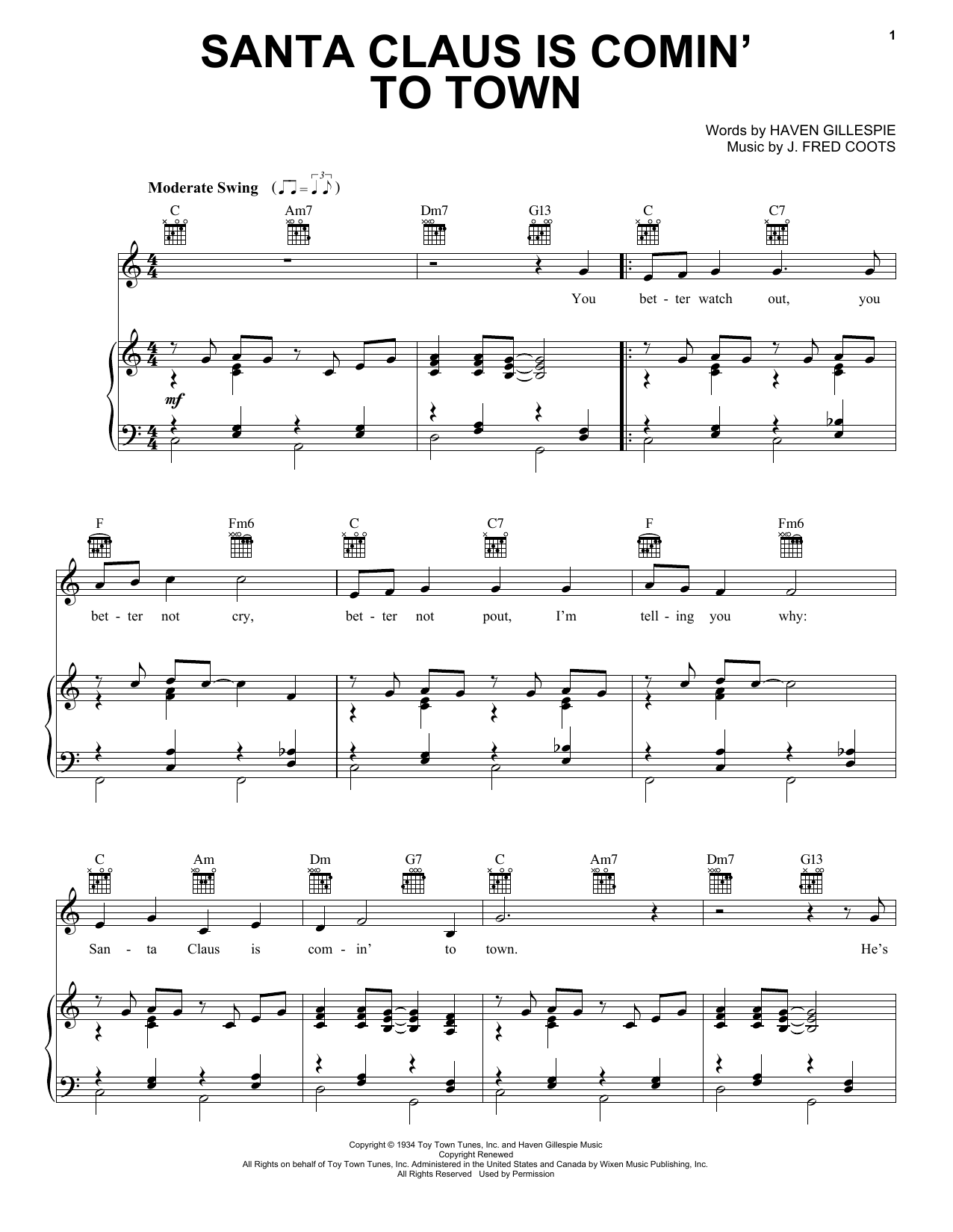 J. Fred Coots Santa Claus Is Comin' To Town Sheet Music