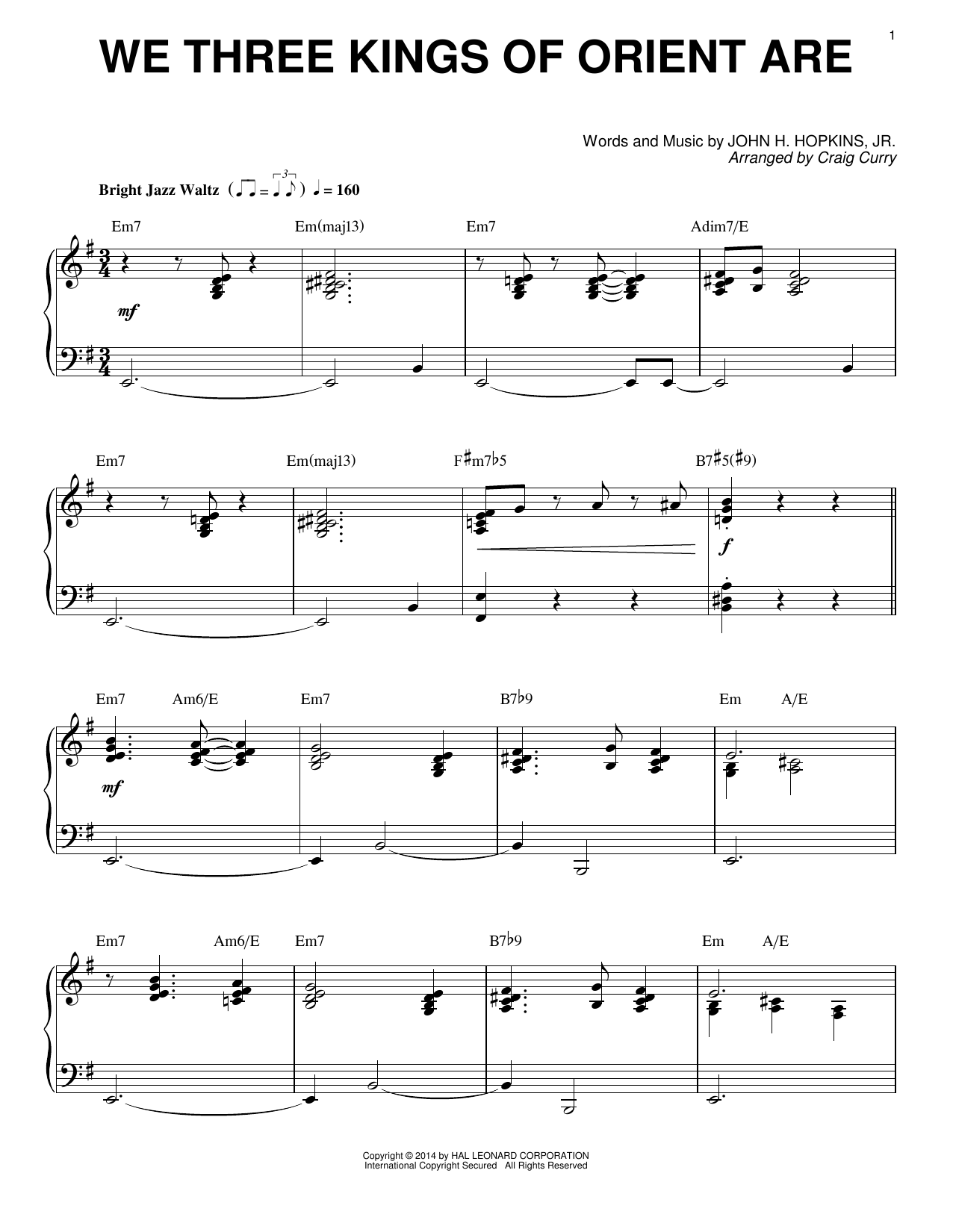 John H. Hopkins, Jr. We Three Kings Of Orient Are (arr. Craig Curry) Sheet Music