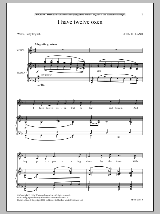 John Ireland I Have Twelve Oxen Sheet Music