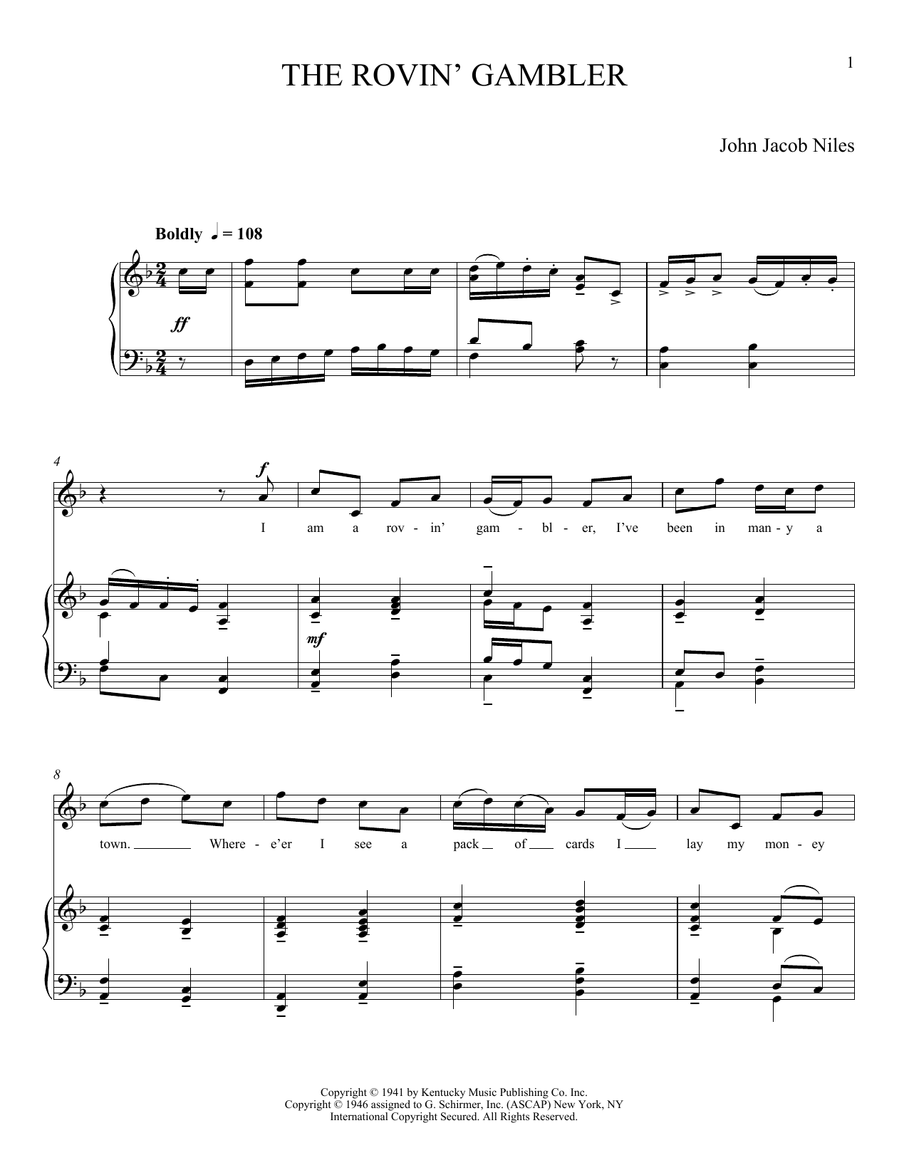 John Jacob Niles The Rovin' Gambler Sheet Music