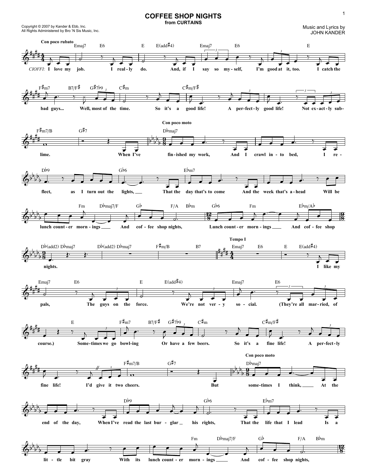 John Kander Coffee Shop Nights Sheet Music