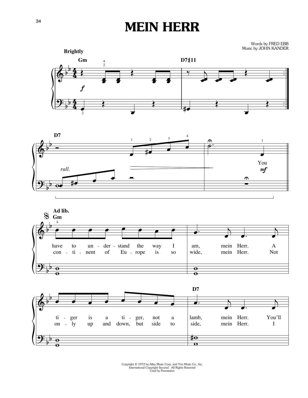 John Kander Mein Herr Sheet Music