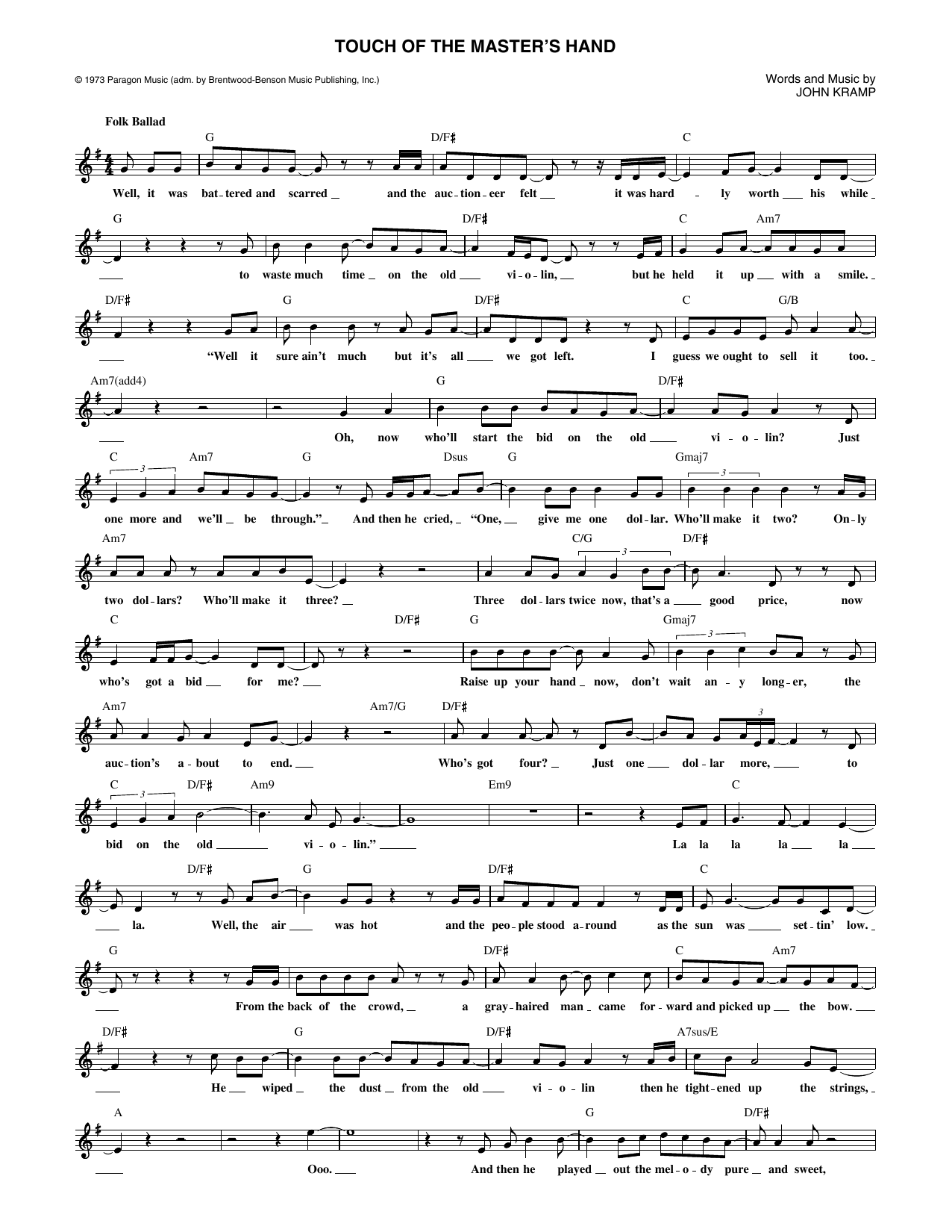 John Kramp The Touch Of The Master's Hand Sheet Music