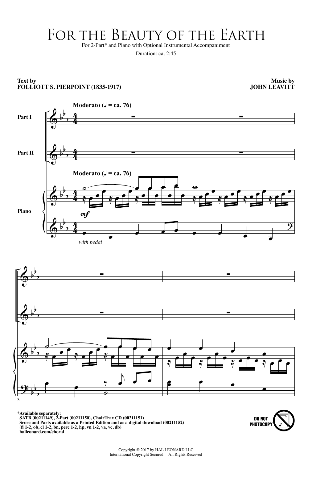 John Leavitt For The Beauty Of The Earth Sheet Music
