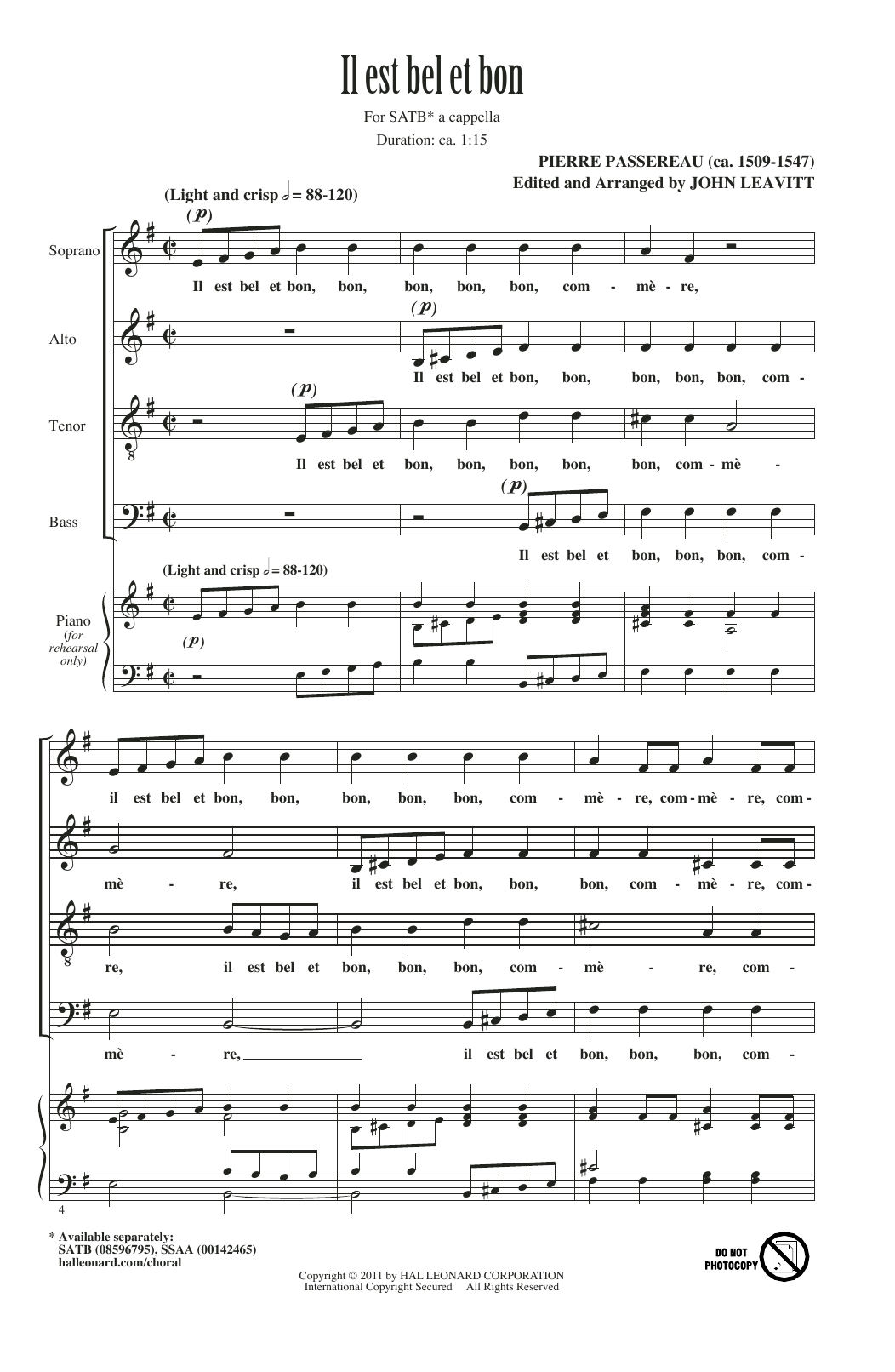 John Leavitt Il Est Bel Et Bon (A Good And Handsome Man) Sheet Music