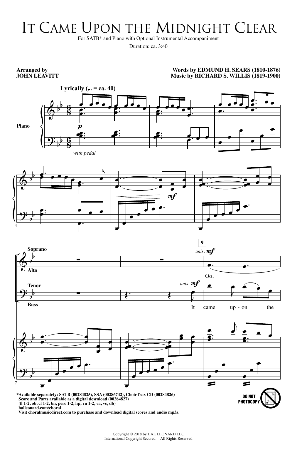 John Leavitt It Came Upon The Midnight Clear Sheet Music