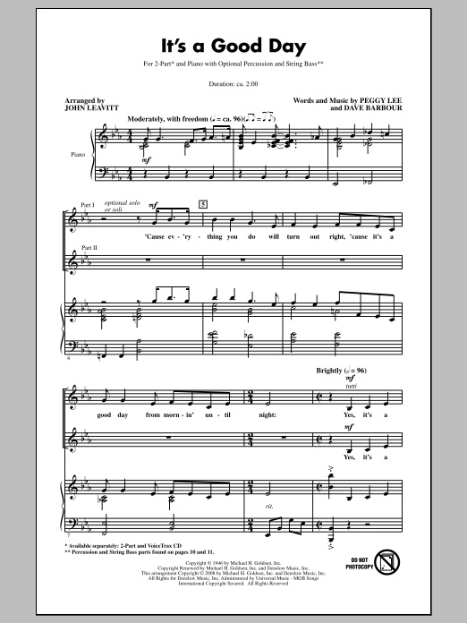 John Leavitt It's A Good Day Sheet Music