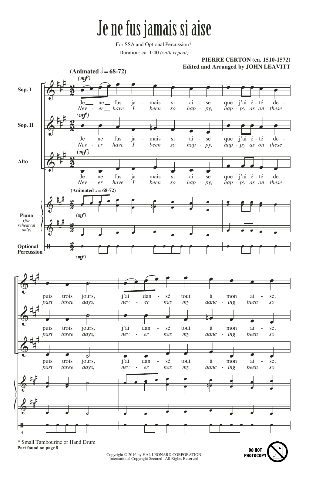 John Leavitt Je Ne Fus Jamais Si Aise Sheet Music