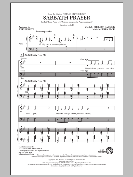 John Leavitt Sabbath Prayer (from Fiddler On The Roof) Sheet Music