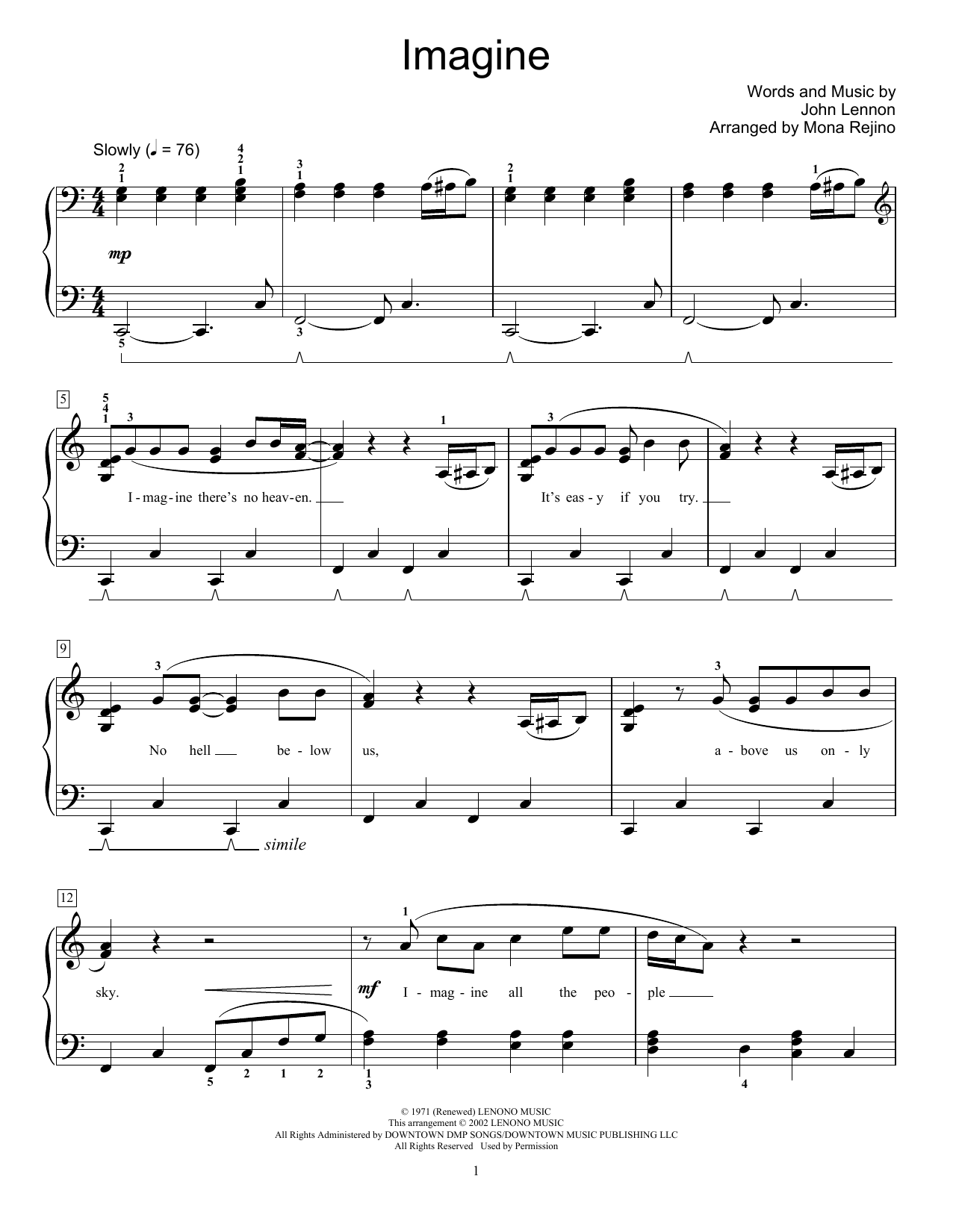 John Lennon Imagine (arr. Mona Rejino) Sheet Music