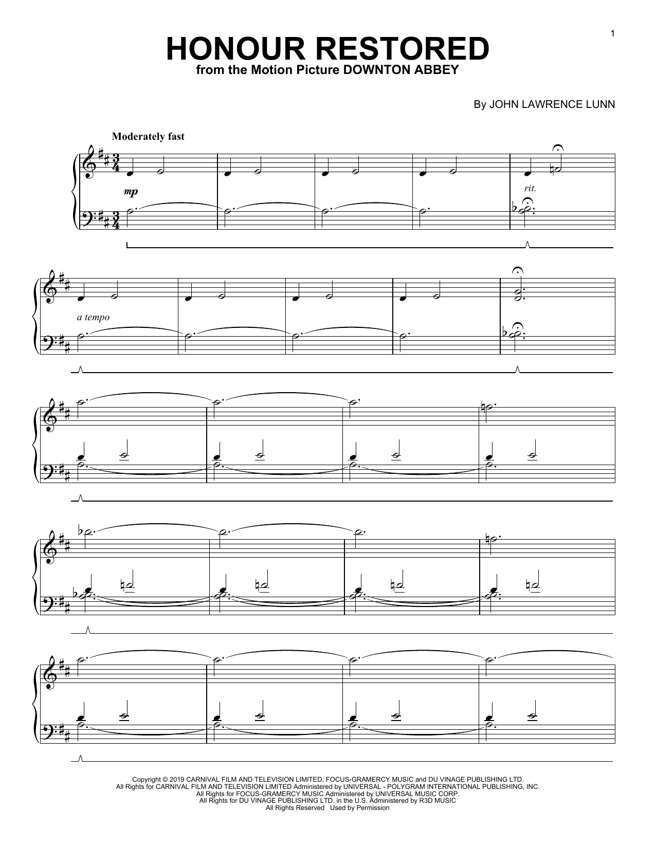 John Lunn Honour Restored (from the Motion Picture Downton Abbey) Sheet Music