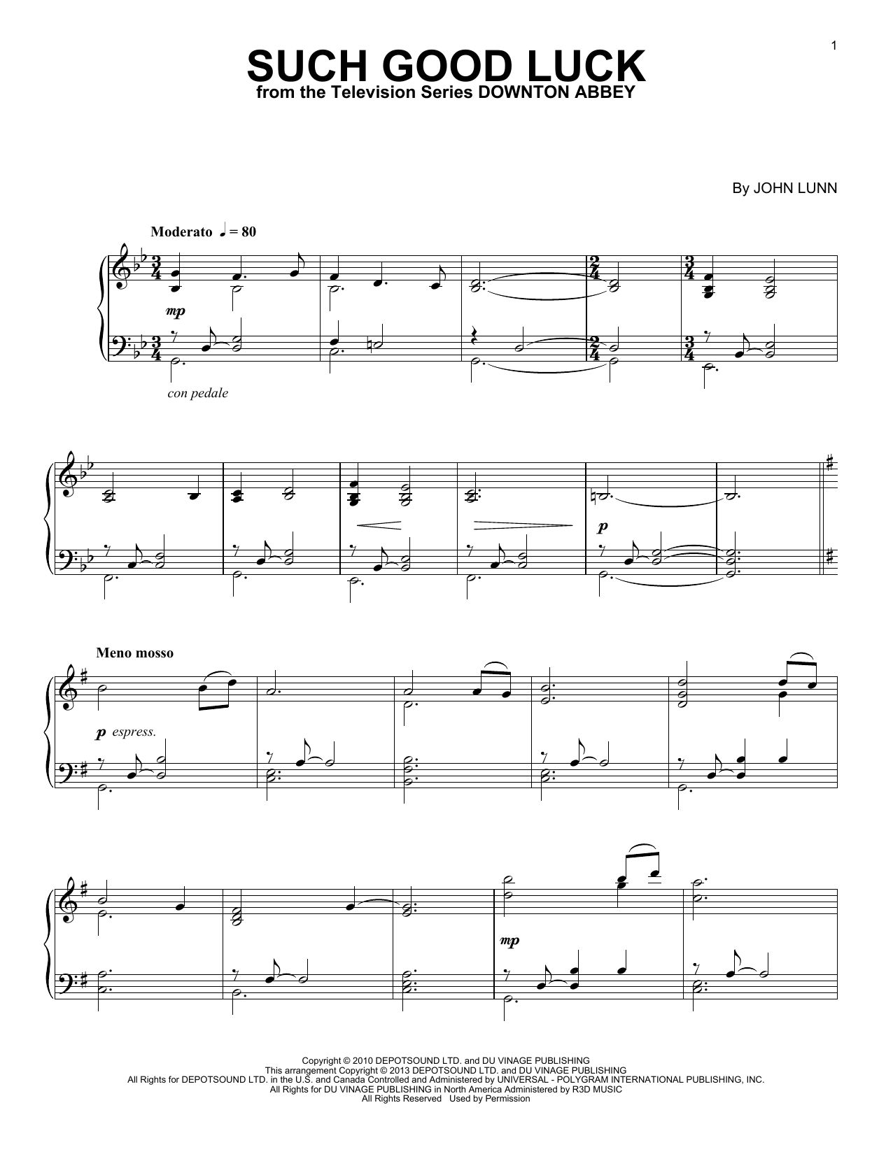 John Lunn Such Good Luck (from Downton Abbey) Sheet Music