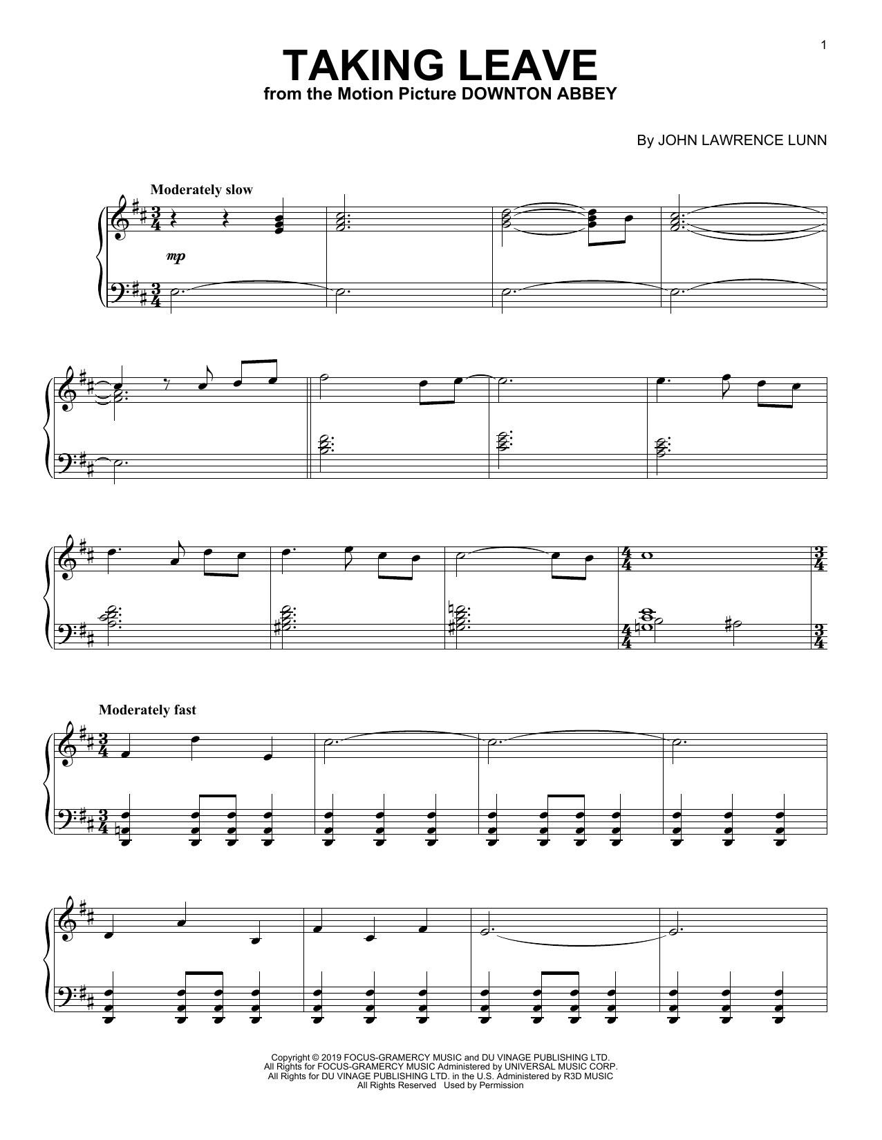 John Lunn Taking Leave (from the Motion Picture Downton Abbey) Sheet Music