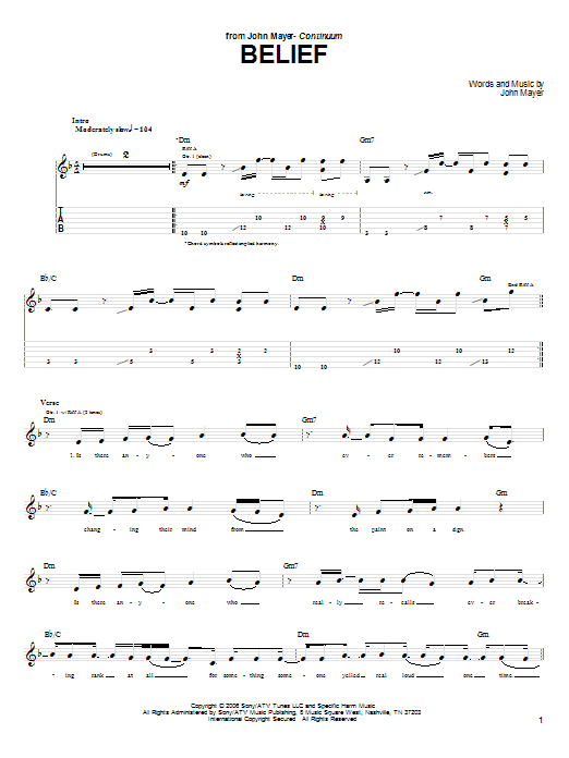 John Mayer Belief Sheet Music