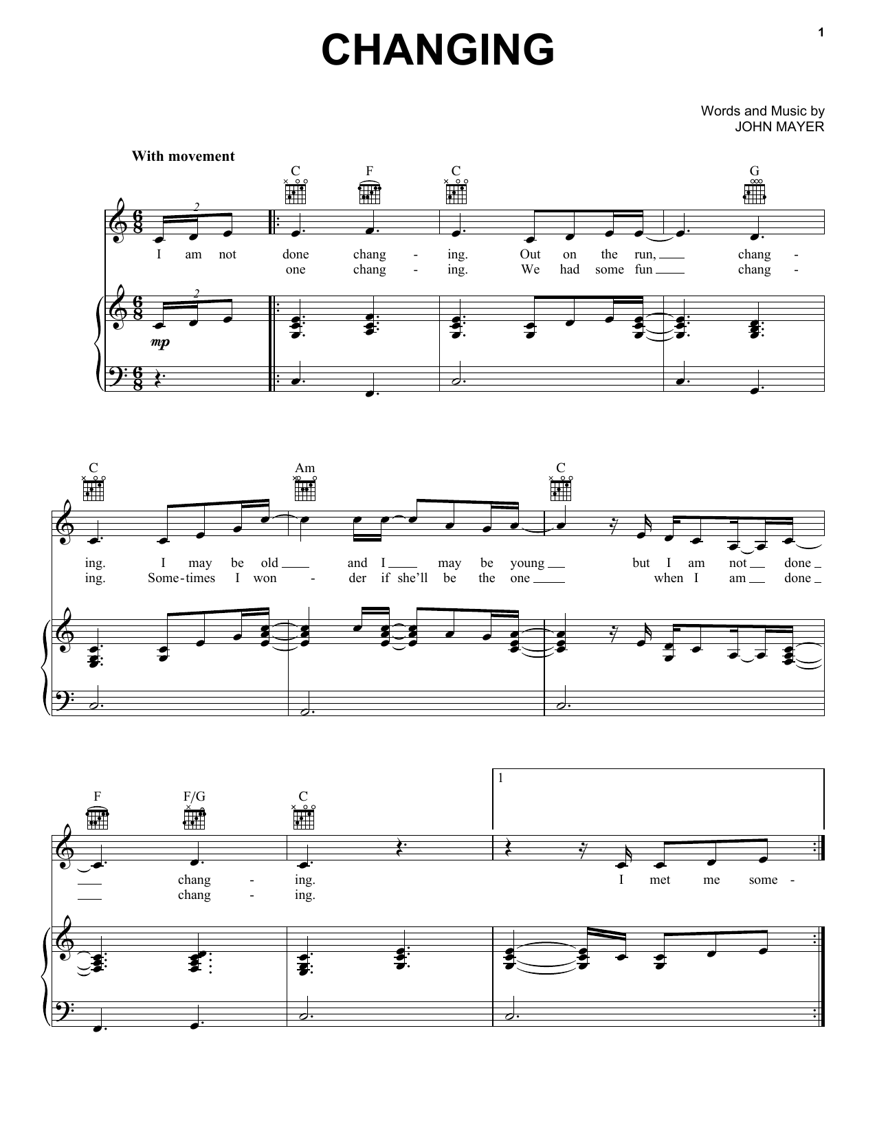 John Mayer Changing Sheet Music
