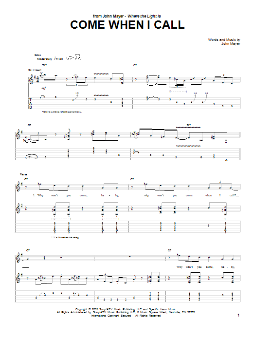 John Mayer Come When I Call Sheet Music