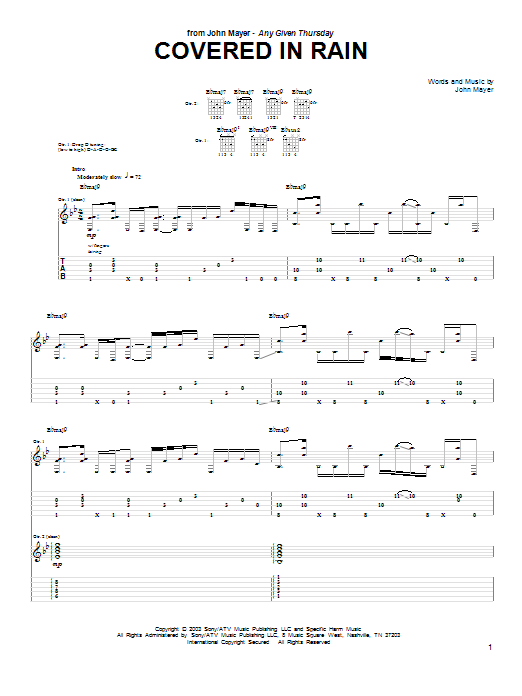 John Mayer Covered In Rain Sheet Music