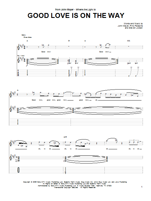 John Mayer Good Love Is On The Way Sheet Music