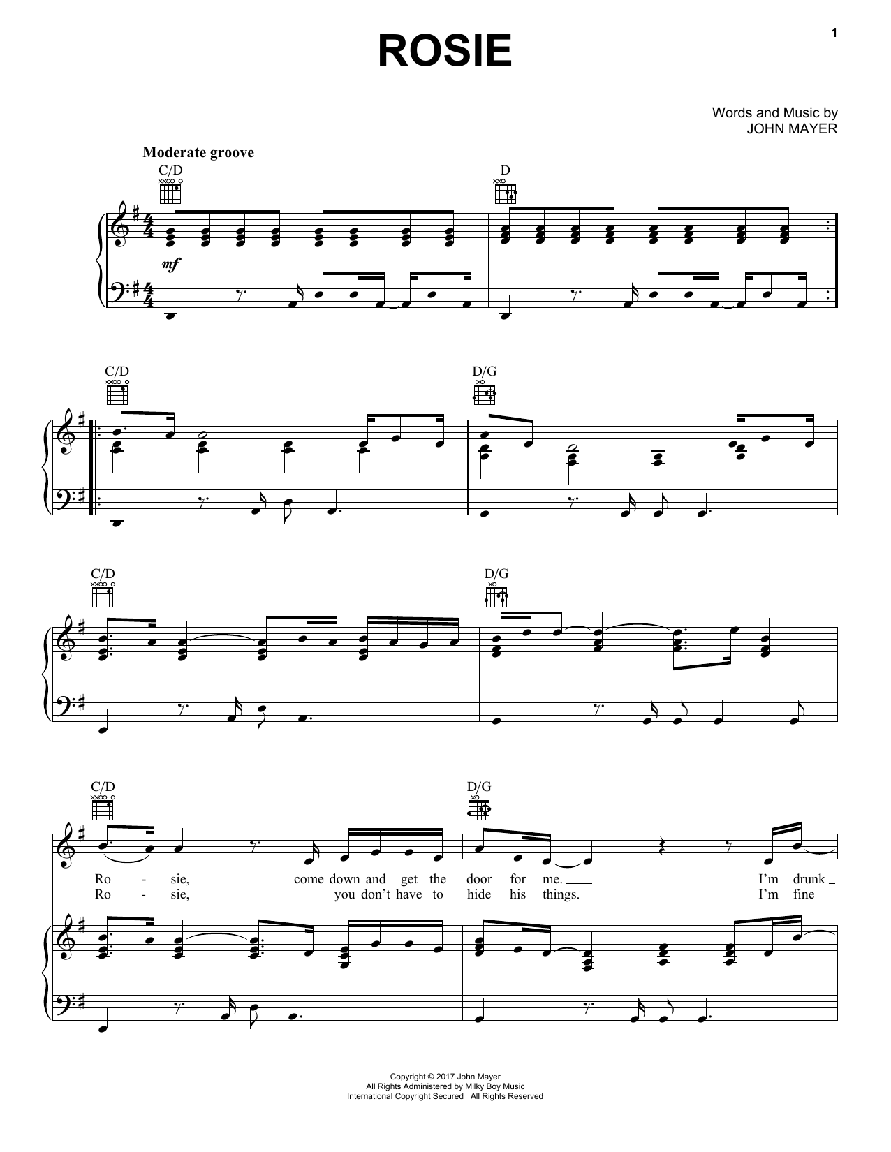 John Mayer Rosie Sheet Music
