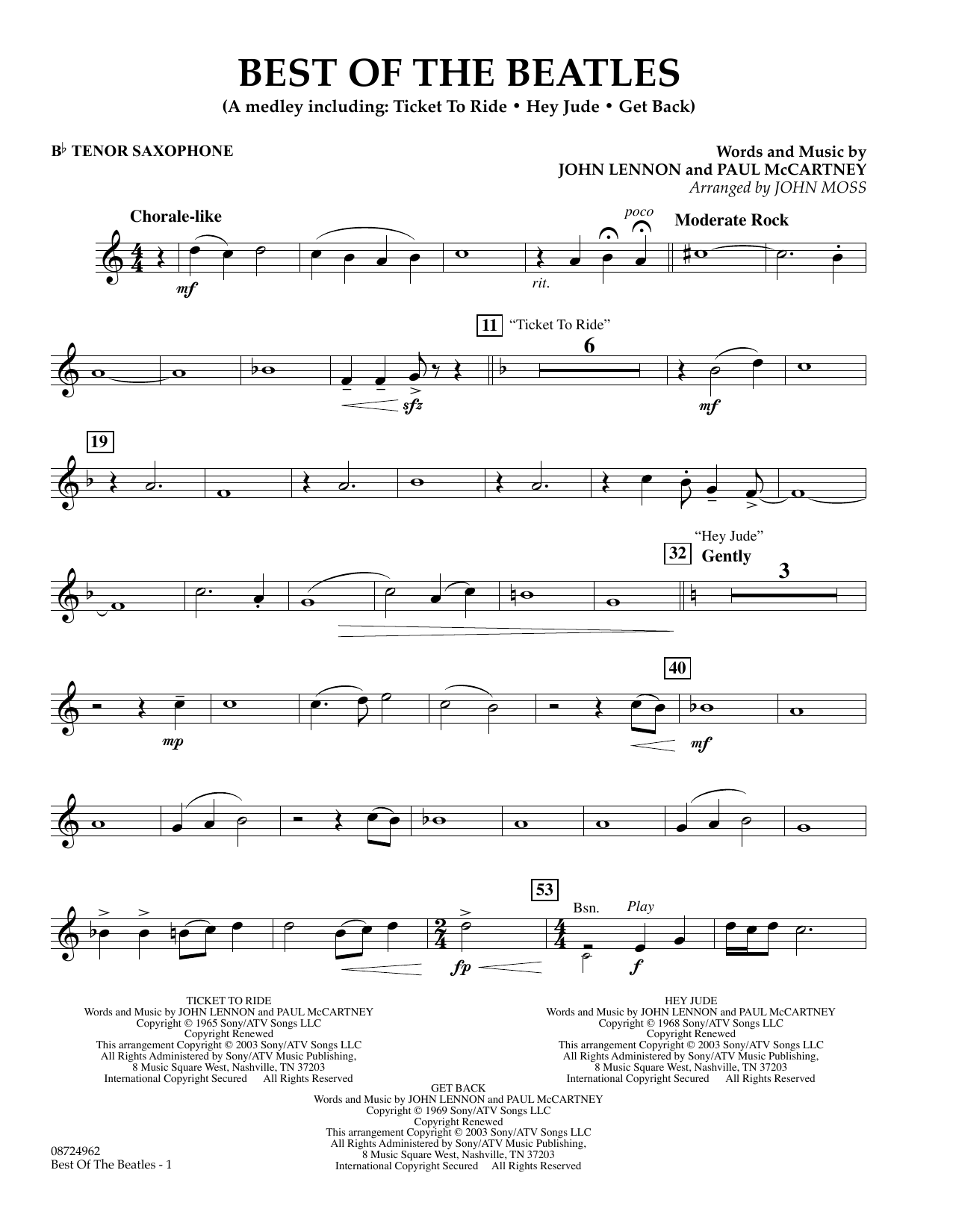 John Moss Best of the Beatles - Bb Tenor Saxophone Sheet Music