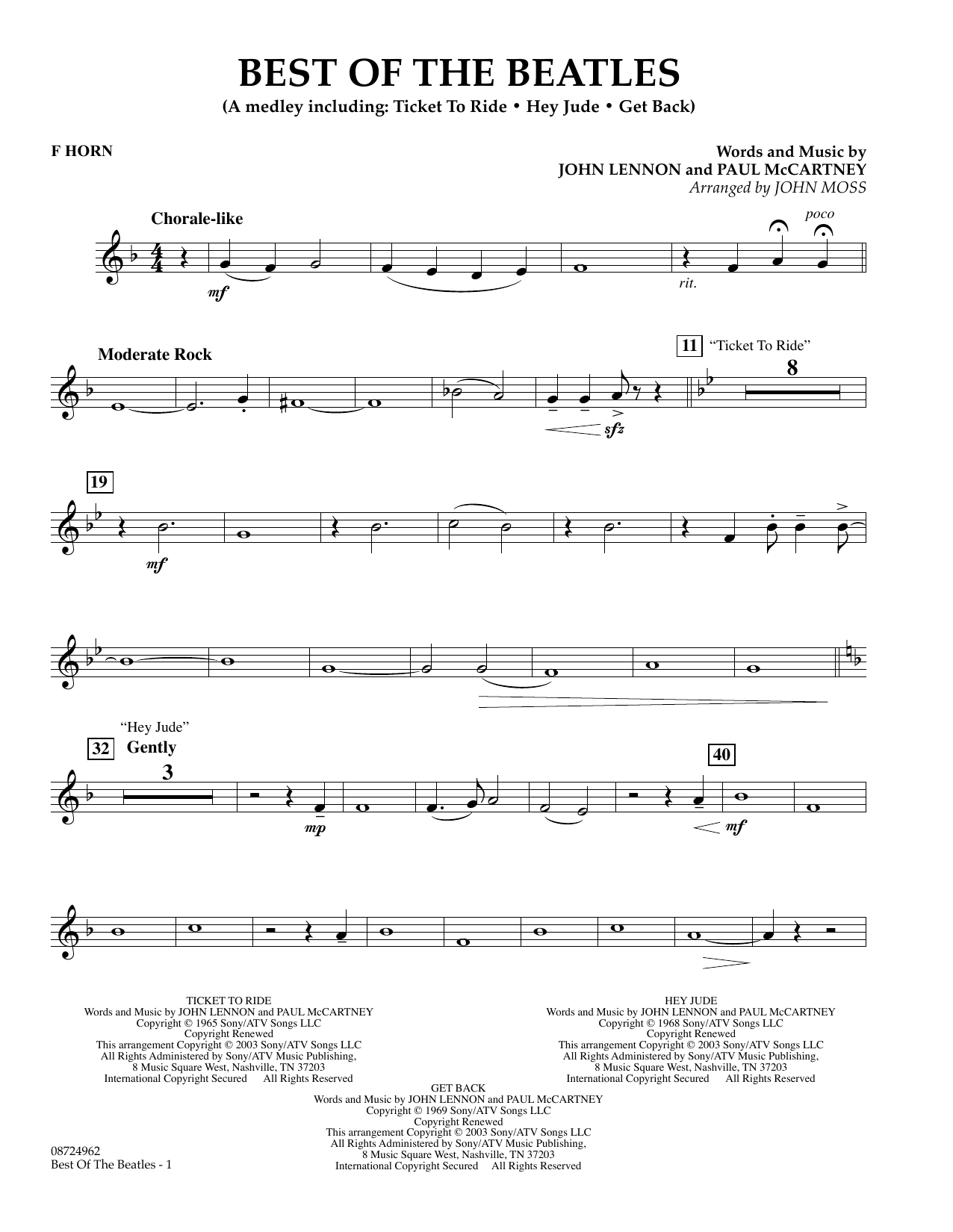 John Moss Best of the Beatles - F Horn Sheet Music