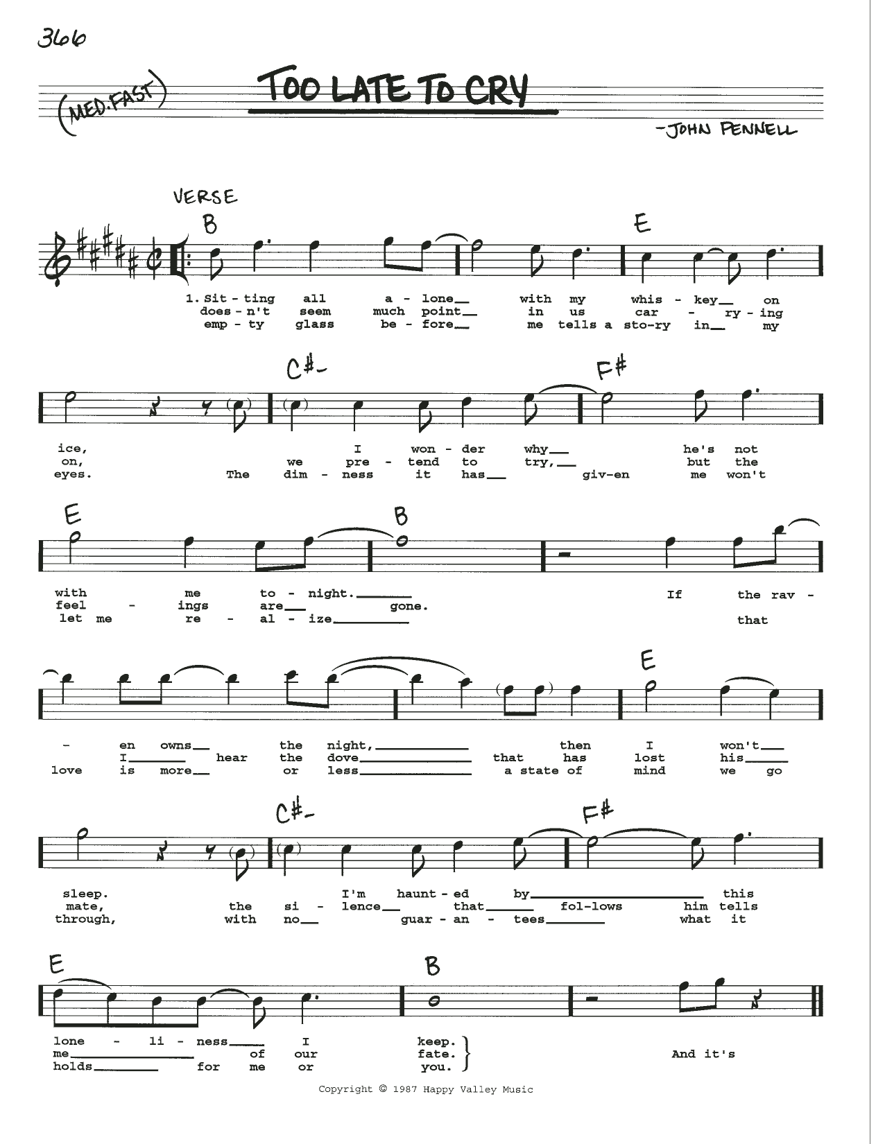 John Pennell Too Late To Cry Sheet Music