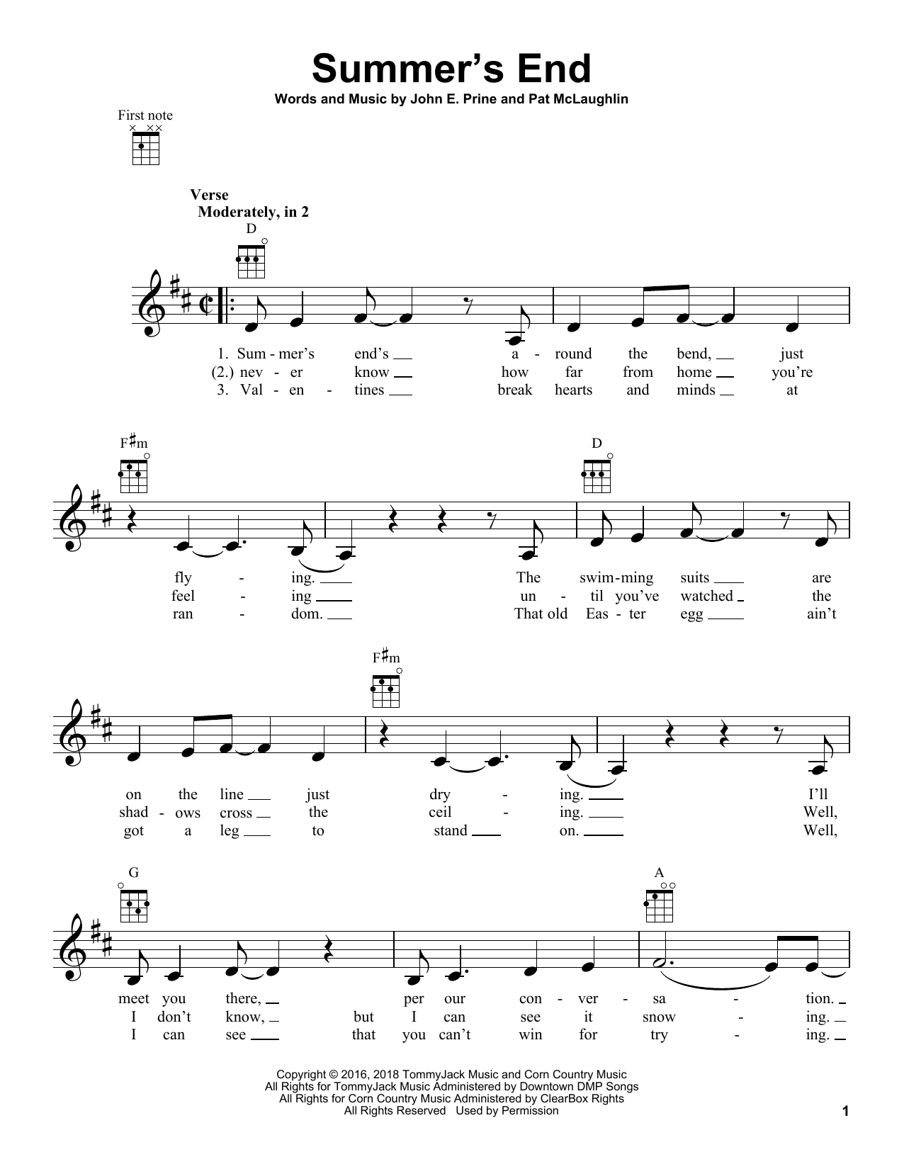 John Prine Summer's End Sheet Music