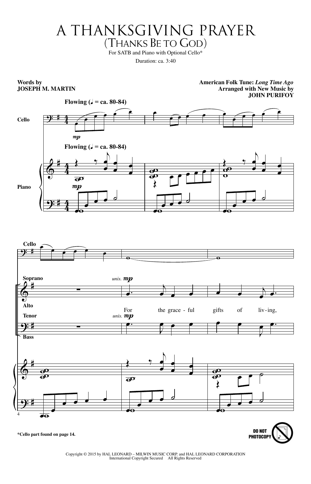John Purifoy A Thanksgiving Prayer (Thanks Be To God) Sheet Music