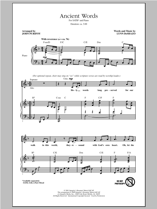 John Purifoy Ancient Words Sheet Music