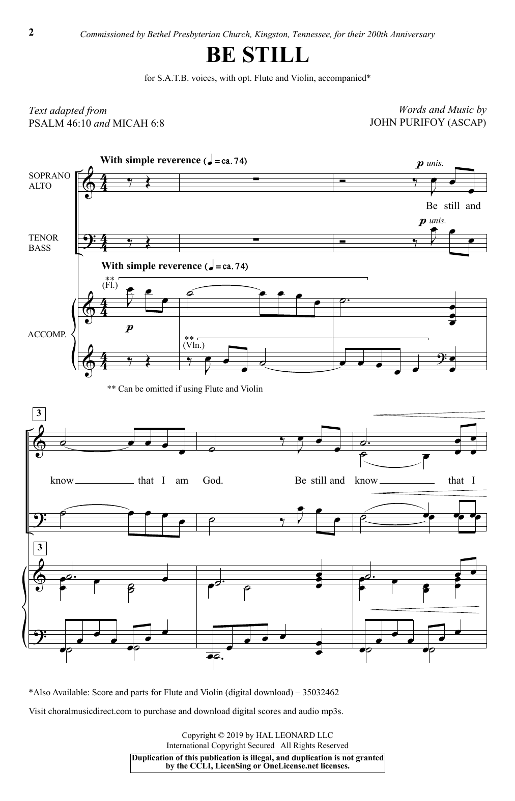 John Purifoy Be Still Sheet Music