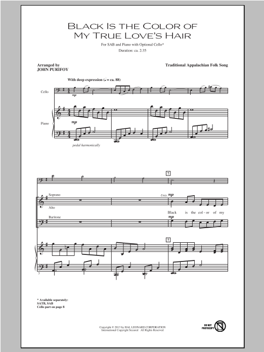 John Purifoy Black Is the Color of My True Love's Hair Sheet Music