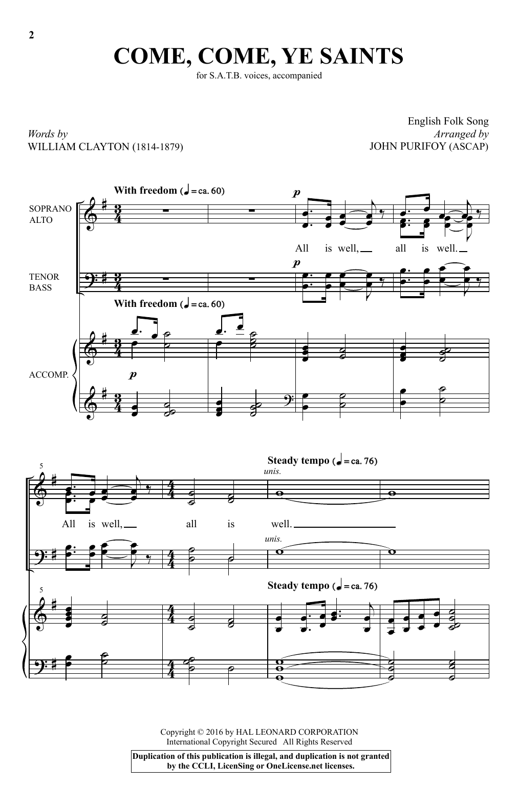 John Purifoy Come, Come, Ye Saints Sheet Music