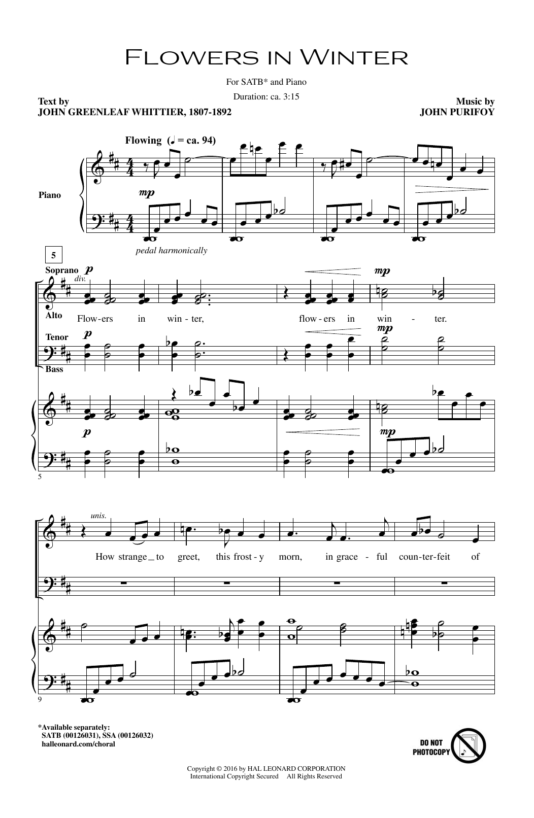 John Purifoy Flowers In Winter Sheet Music